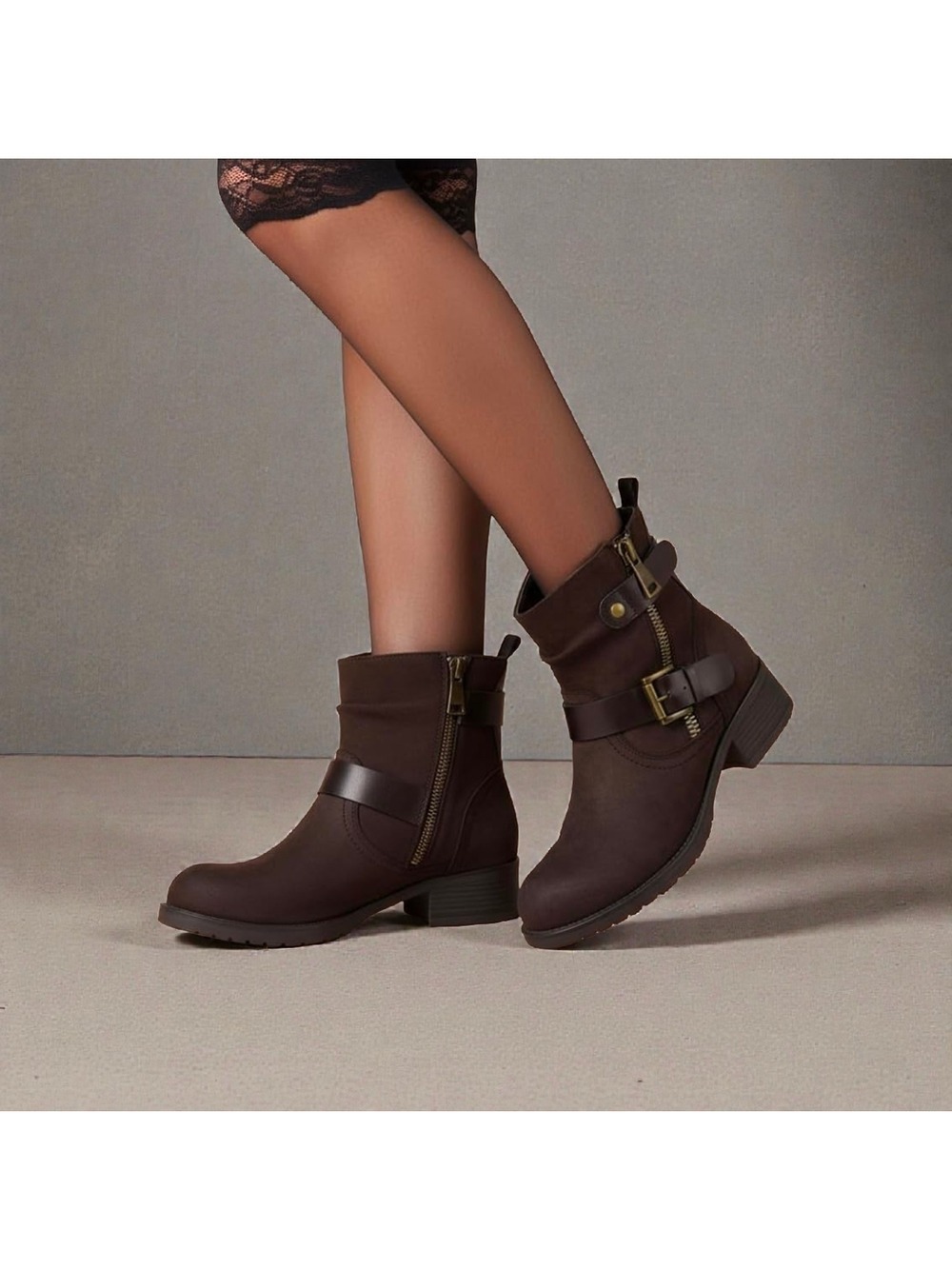 Dunes  Max Women's Moto Brown Block Heel Boots  Size 6M